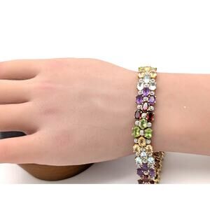 Vintage 925 Sterling Silver Gold Vermeil Multi Gemstone Tennis Bracelet